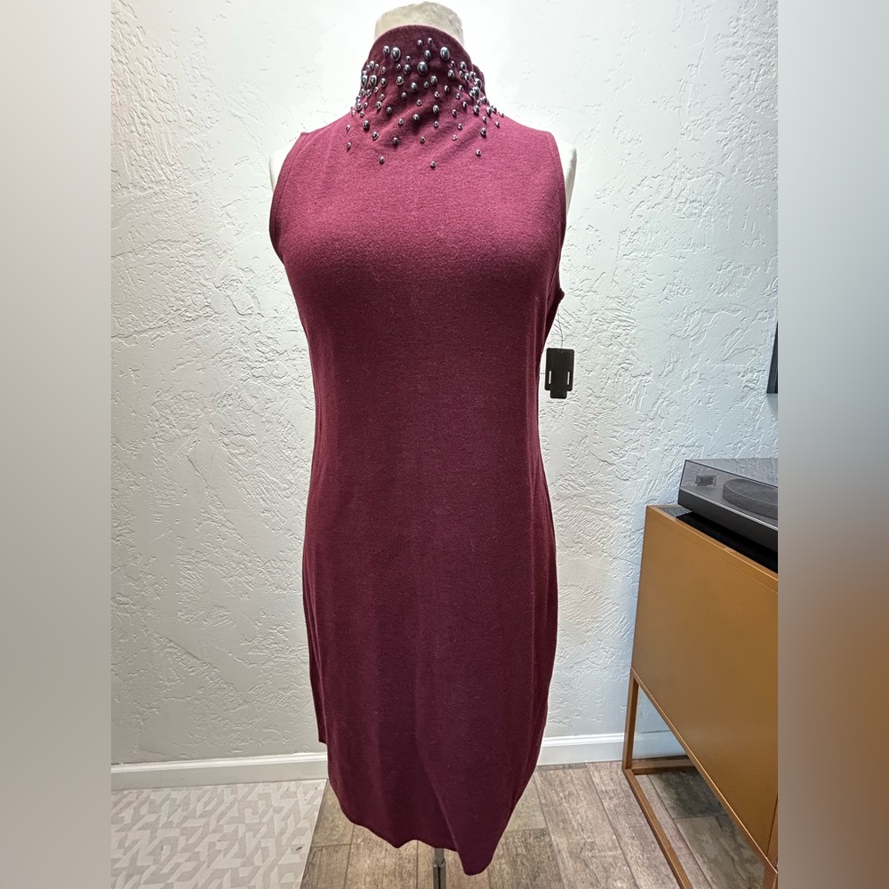 NIC+ZOE Sleeveless Beaded Neck midi Dress in Burgundy NWT Size L